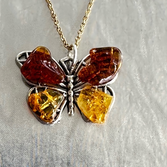 Jewelry - Amber Carved Butterfly Pendant with Gold tone chain